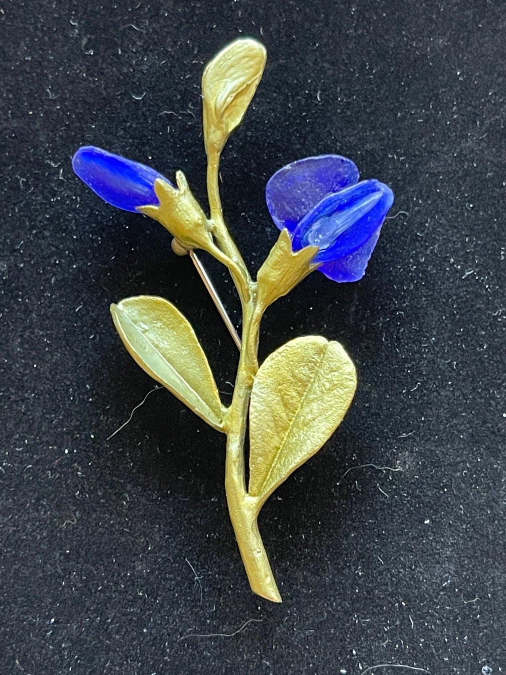 Michael Michaud Blue False Indigo Floral Brooch Handmade Bronze Jade Glass